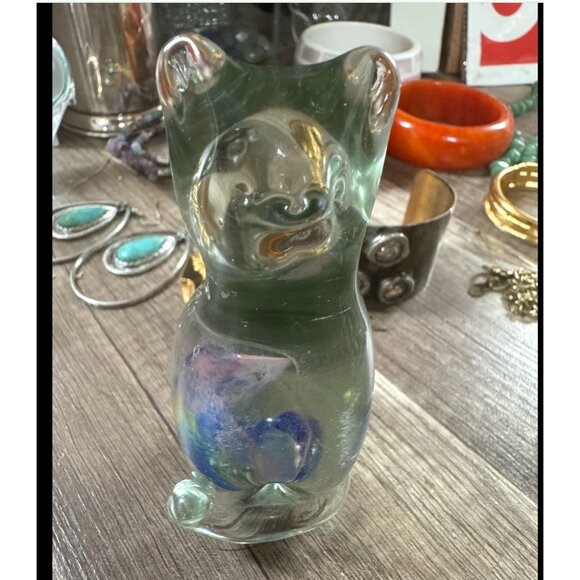 Fenton Stylized Art Glass Cat Figurine 5" Handcrafted Siamese With Colorful Swir - Picture 2 of 5